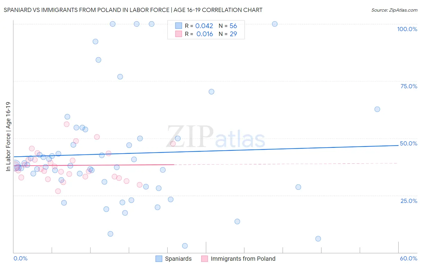 Spaniard vs Immigrants from Poland In Labor Force | Age 16-19