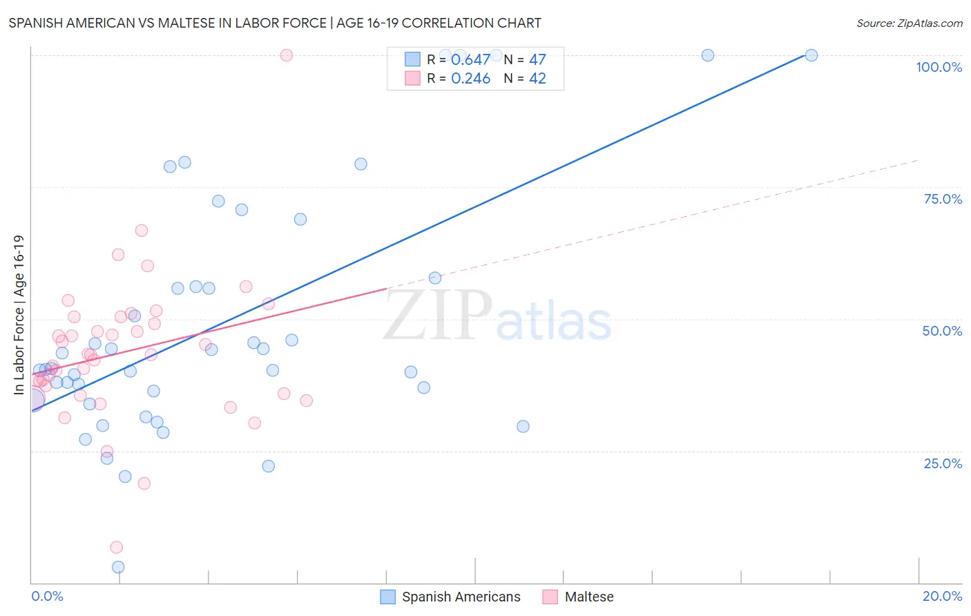 Spanish American vs Maltese In Labor Force | Age 16-19