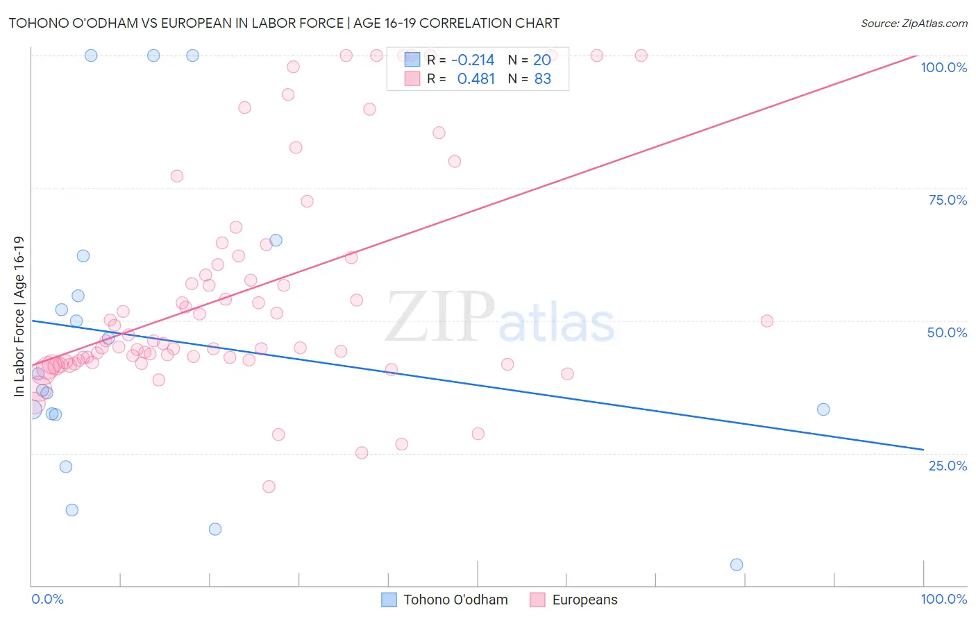 Tohono O'odham vs European In Labor Force | Age 16-19