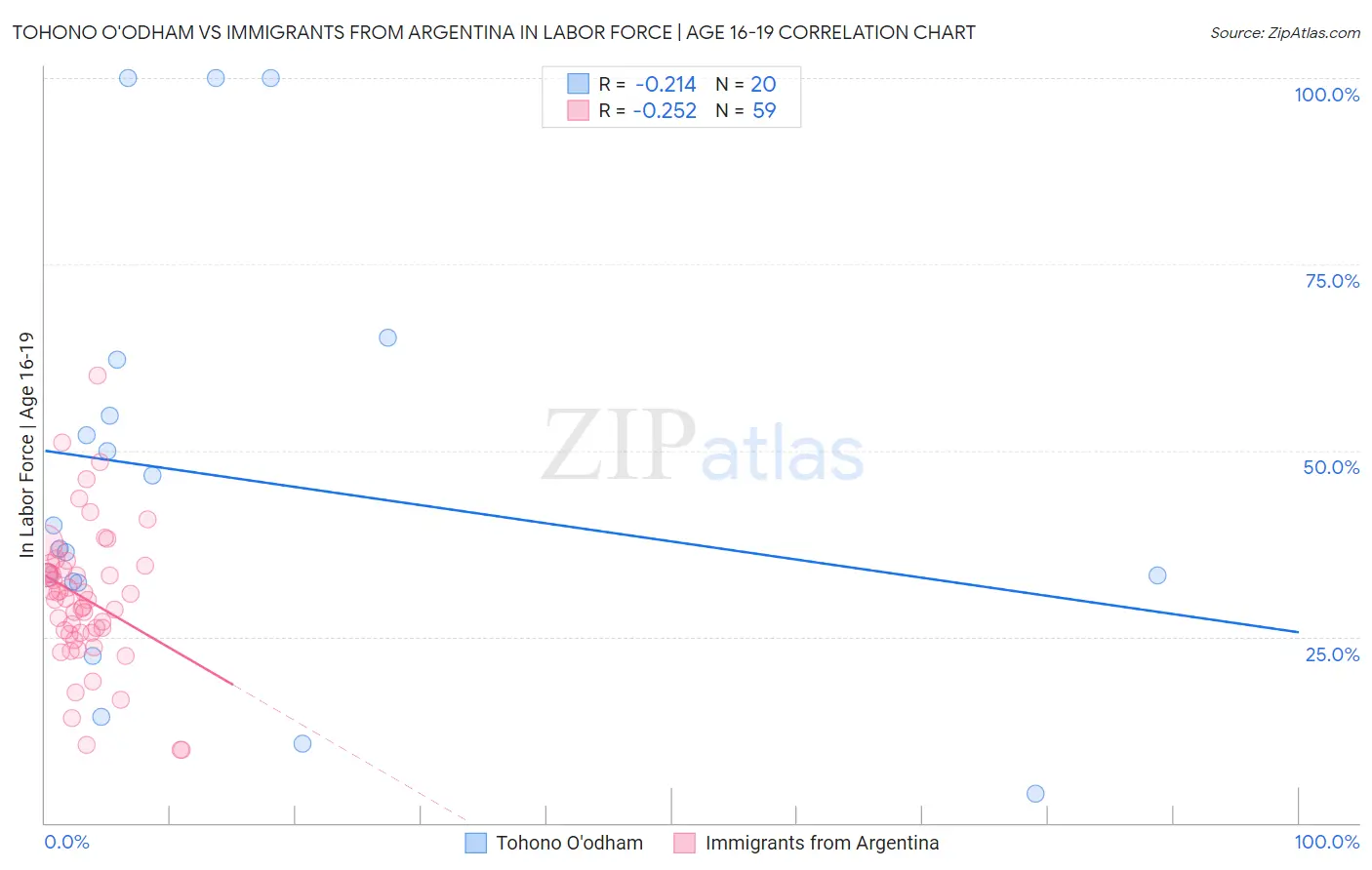 Tohono O'odham vs Immigrants from Argentina In Labor Force | Age 16-19