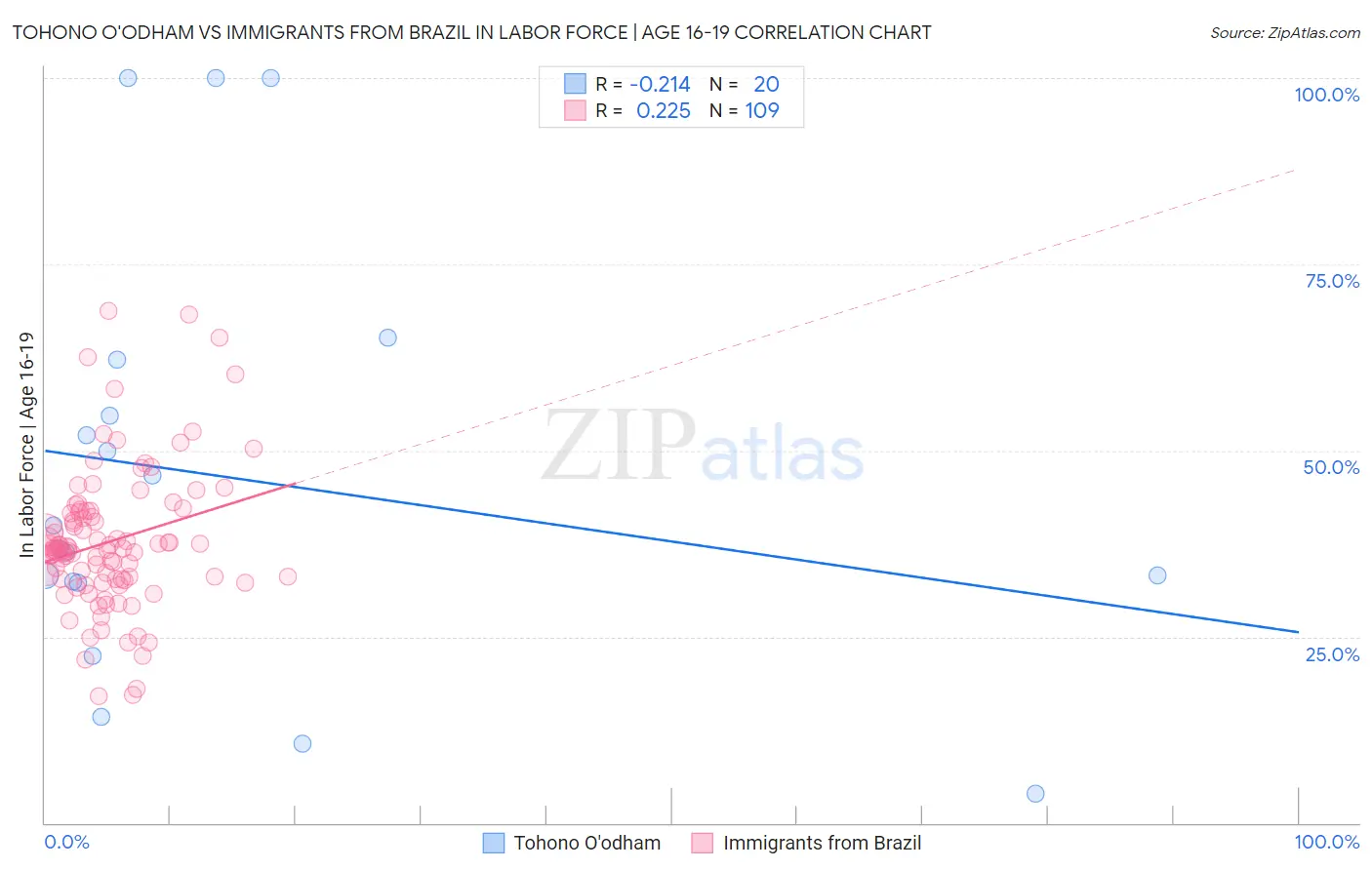 Tohono O'odham vs Immigrants from Brazil In Labor Force | Age 16-19