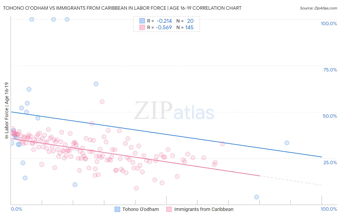 Tohono O'odham vs Immigrants from Caribbean In Labor Force | Age 16-19