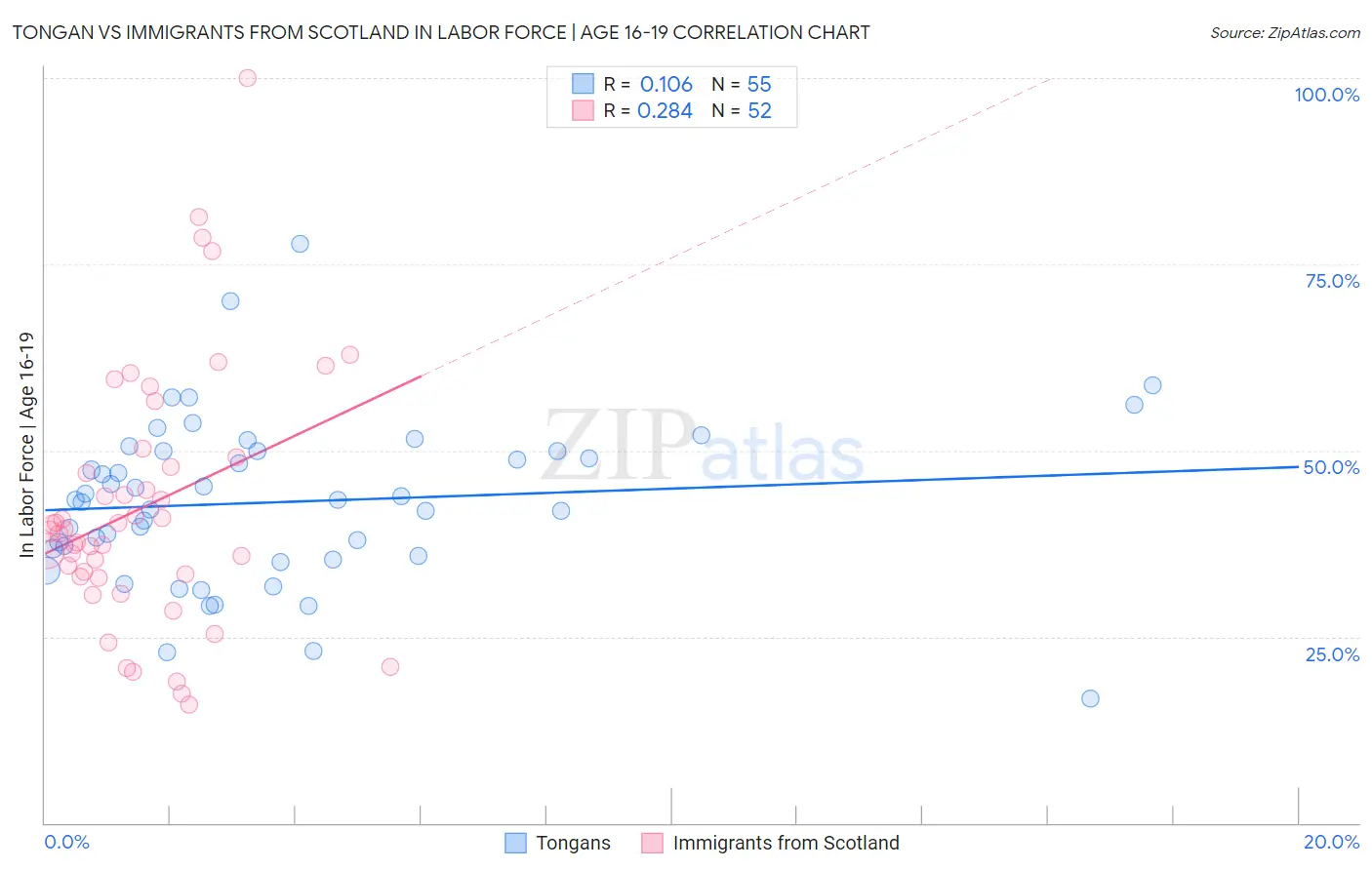 Tongan vs Immigrants from Scotland In Labor Force | Age 16-19