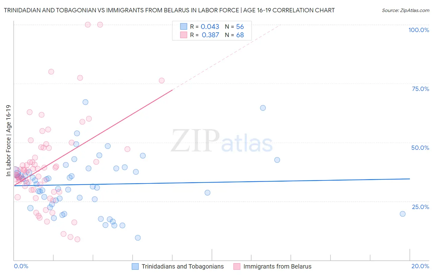 Trinidadian and Tobagonian vs Immigrants from Belarus In Labor Force | Age 16-19