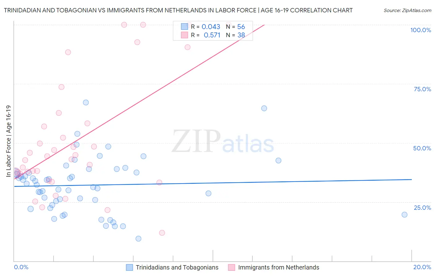 Trinidadian and Tobagonian vs Immigrants from Netherlands In Labor Force | Age 16-19