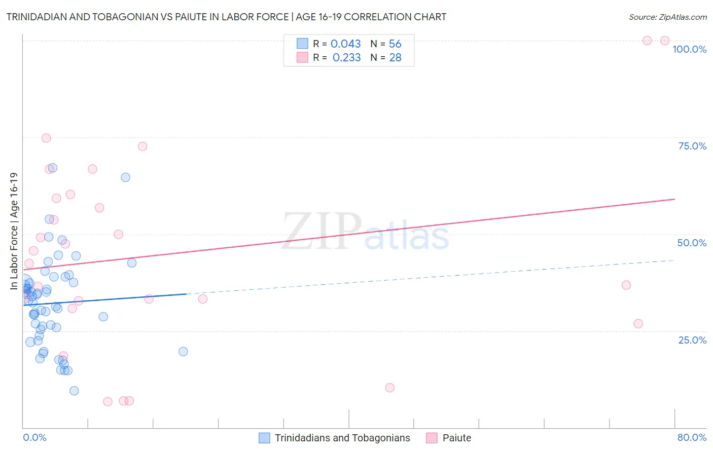 Trinidadian and Tobagonian vs Paiute In Labor Force | Age 16-19