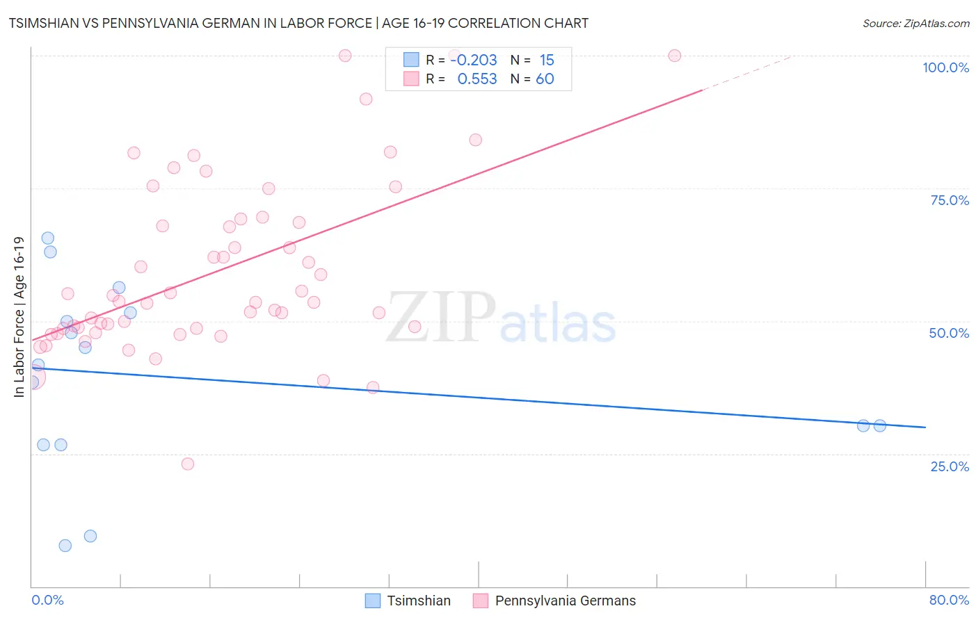 Tsimshian vs Pennsylvania German In Labor Force | Age 16-19