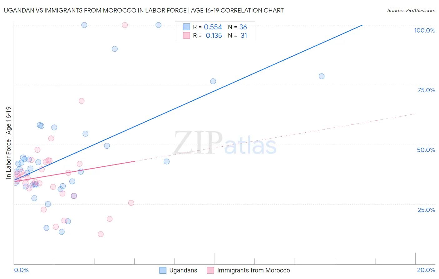 Ugandan vs Immigrants from Morocco In Labor Force | Age 16-19