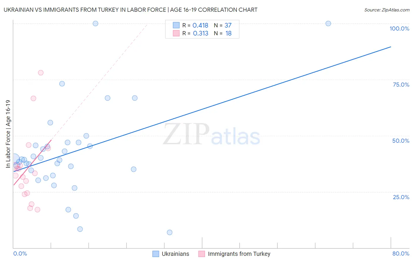 Ukrainian vs Immigrants from Turkey In Labor Force | Age 16-19