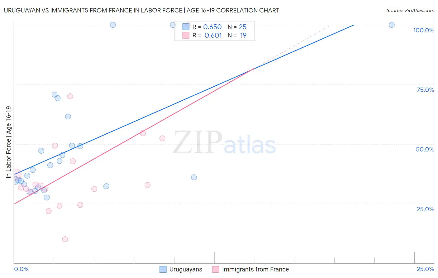 Uruguayan vs Immigrants from France In Labor Force | Age 16-19