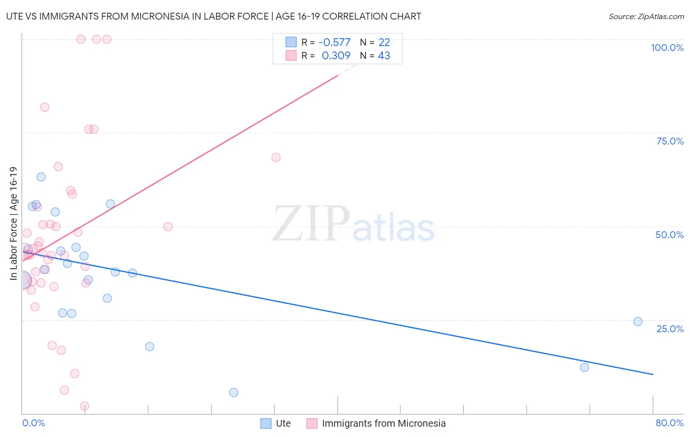 Ute vs Immigrants from Micronesia In Labor Force | Age 16-19