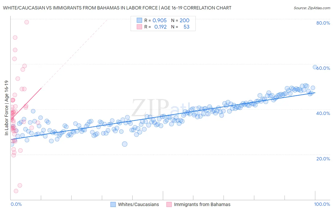 White/Caucasian vs Immigrants from Bahamas In Labor Force | Age 16-19