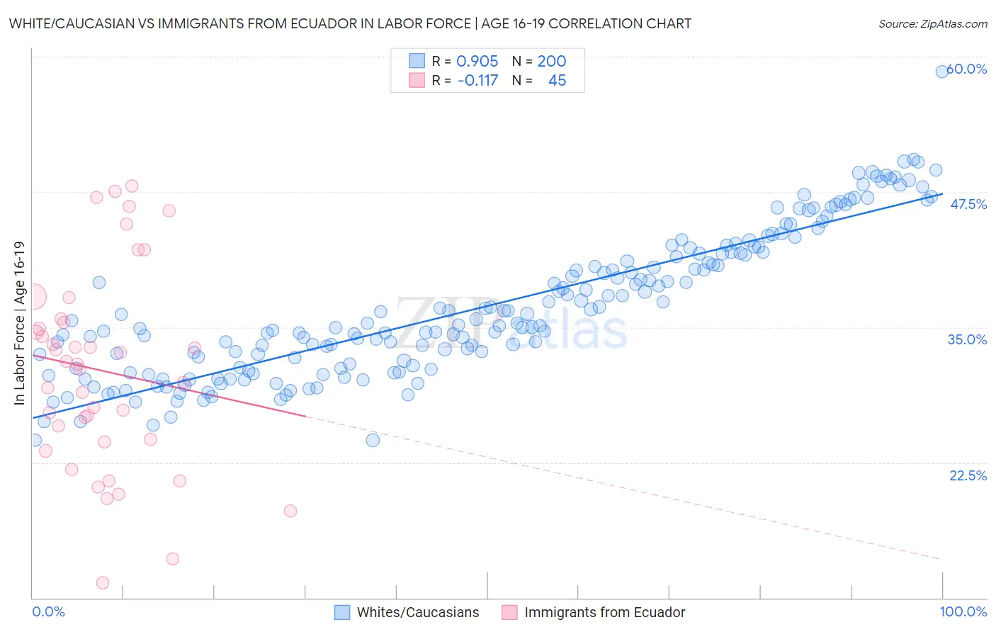 White/Caucasian vs Immigrants from Ecuador In Labor Force | Age 16-19