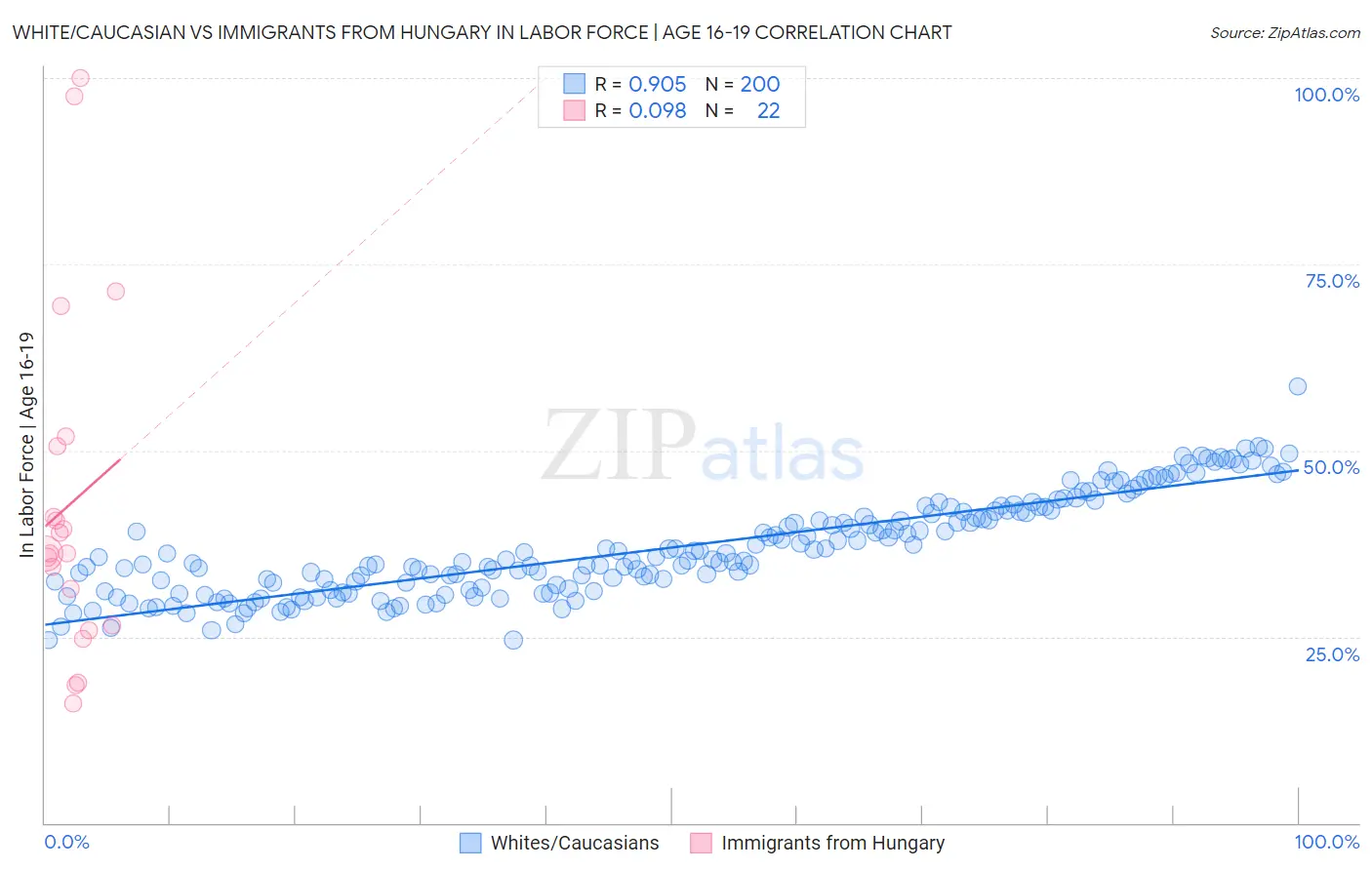 White/Caucasian vs Immigrants from Hungary In Labor Force | Age 16-19