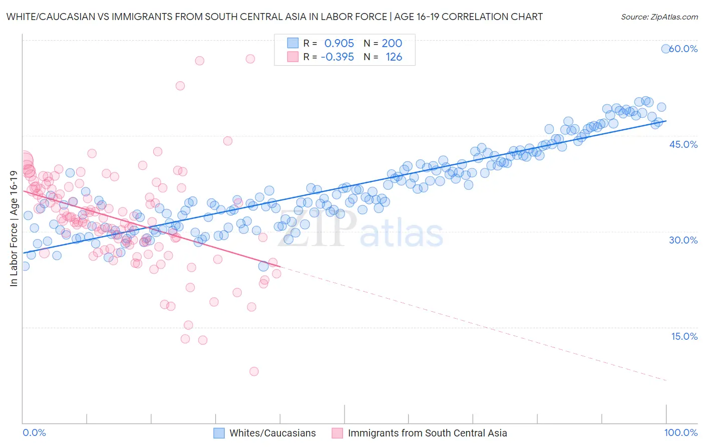 White/Caucasian vs Immigrants from South Central Asia In Labor Force | Age 16-19