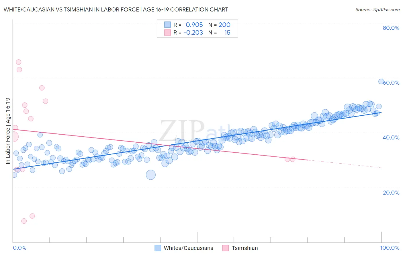 White/Caucasian vs Tsimshian In Labor Force | Age 16-19