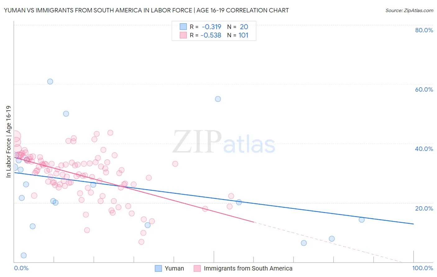 Yuman vs Immigrants from South America In Labor Force | Age 16-19