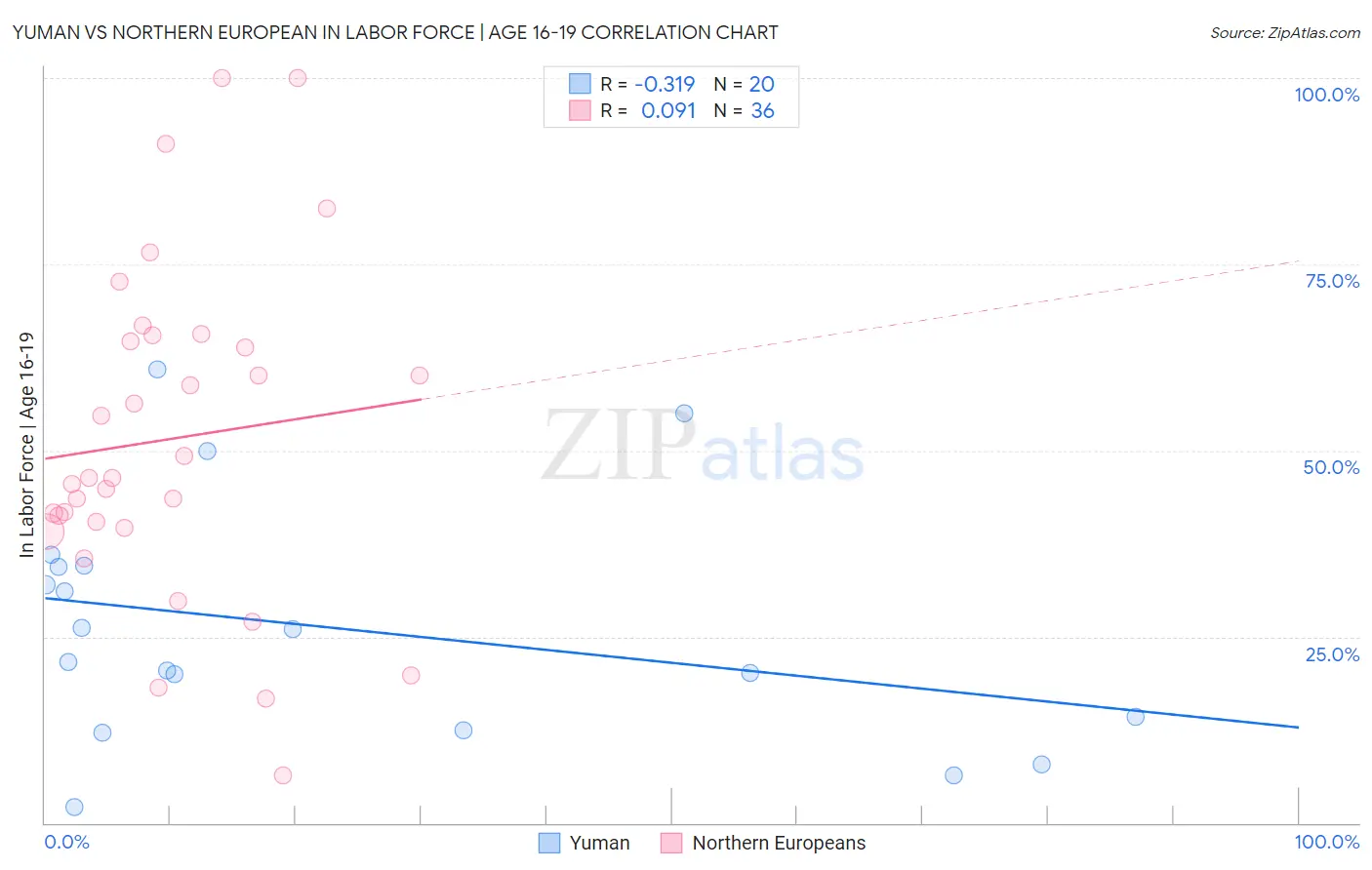 Yuman vs Northern European In Labor Force | Age 16-19