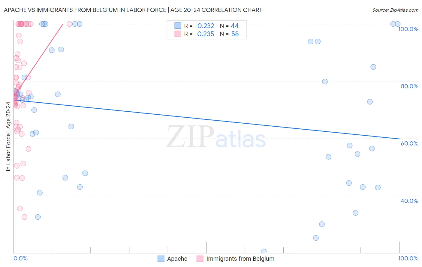 Apache vs Immigrants from Belgium In Labor Force | Age 20-24