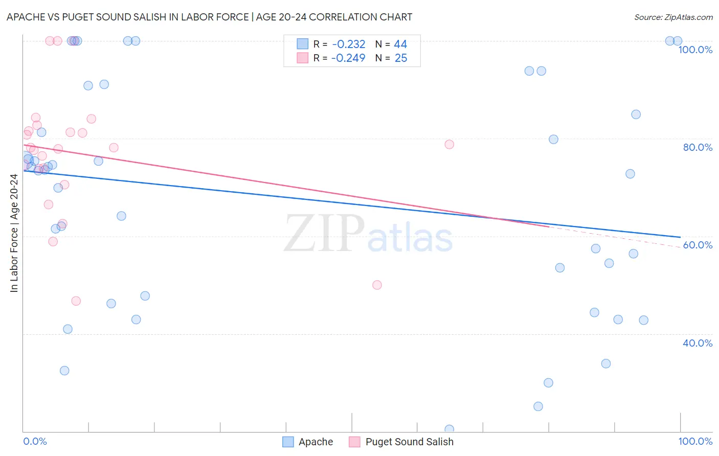 Apache vs Puget Sound Salish In Labor Force | Age 20-24