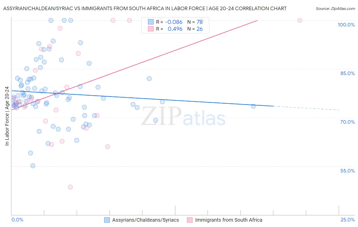 Assyrian/Chaldean/Syriac vs Immigrants from South Africa In Labor Force | Age 20-24