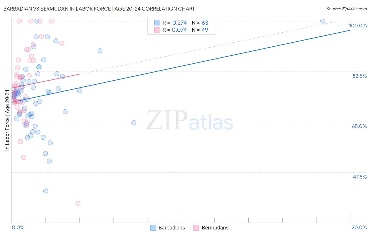 Barbadian vs Bermudan In Labor Force | Age 20-24