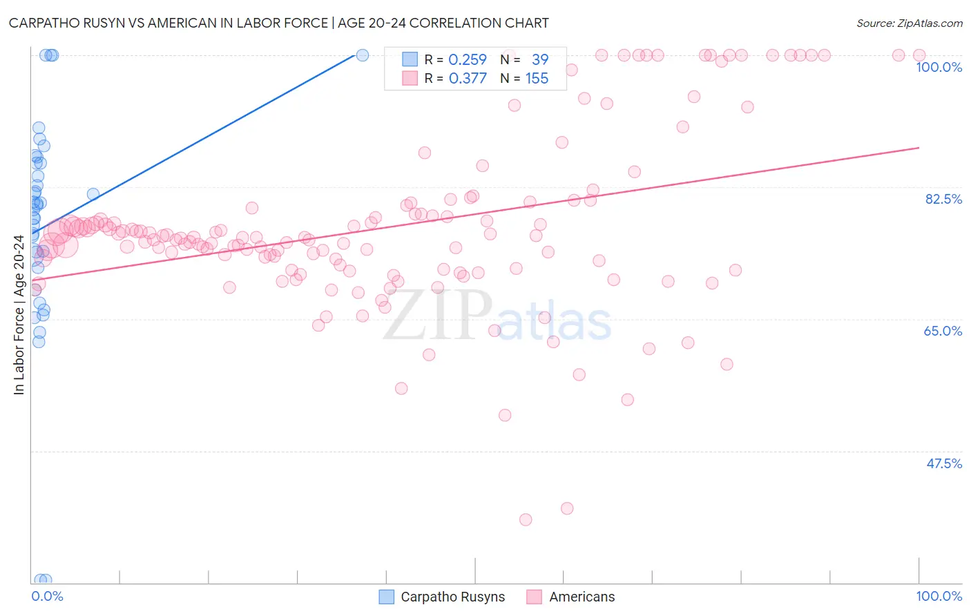 Carpatho Rusyn vs American In Labor Force | Age 20-24