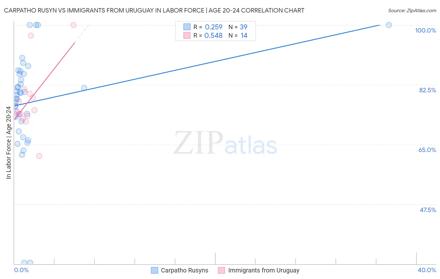 Carpatho Rusyn vs Immigrants from Uruguay In Labor Force | Age 20-24