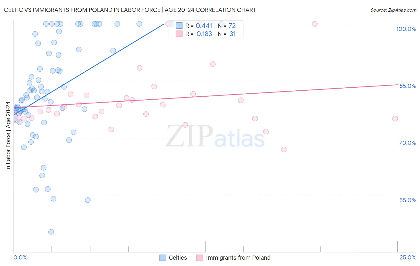 Celtic vs Immigrants from Poland In Labor Force | Age 20-24