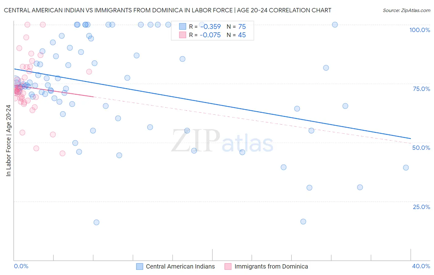 Central American Indian vs Immigrants from Dominica In Labor Force | Age 20-24