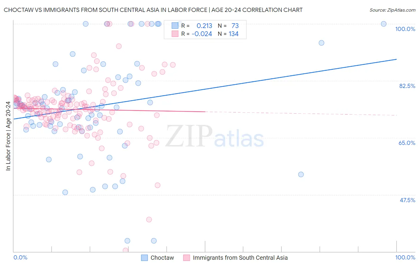 Choctaw vs Immigrants from South Central Asia In Labor Force | Age 20-24