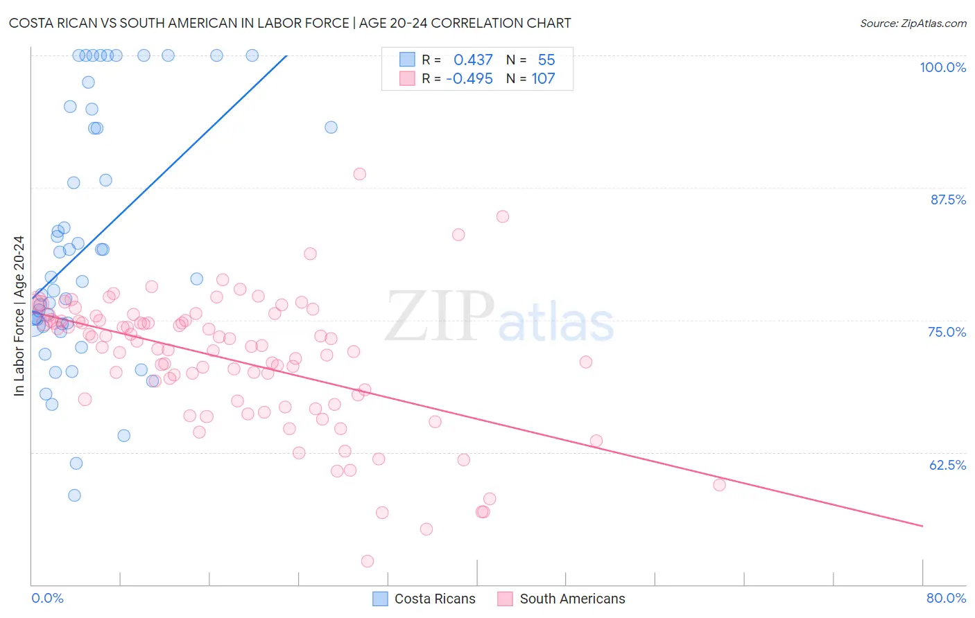 Costa Rican vs South American In Labor Force | Age 20-24