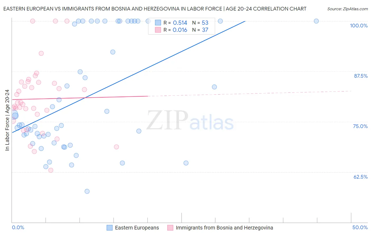 Eastern European vs Immigrants from Bosnia and Herzegovina In Labor Force | Age 20-24