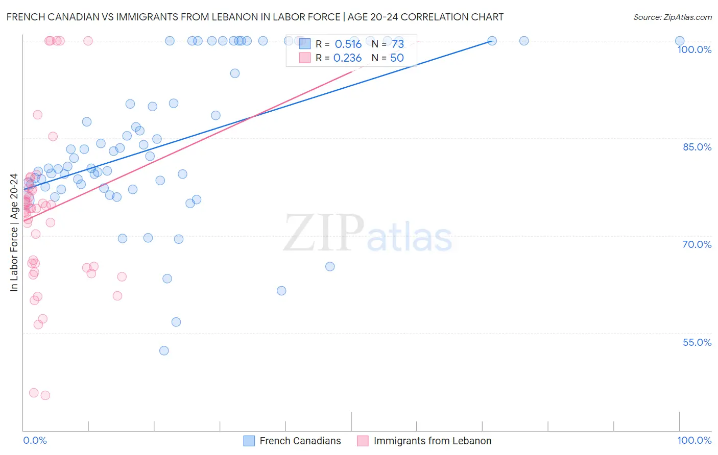 French Canadian vs Immigrants from Lebanon In Labor Force | Age 20-24