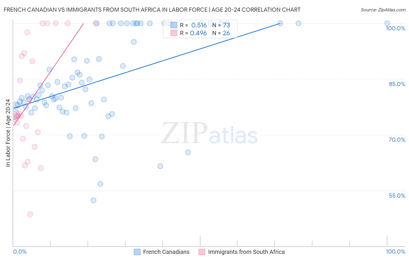 French Canadian vs Immigrants from South Africa In Labor Force | Age 20-24
