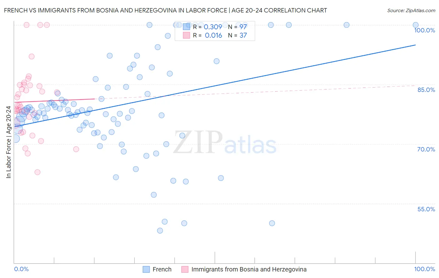 French vs Immigrants from Bosnia and Herzegovina In Labor Force | Age 20-24