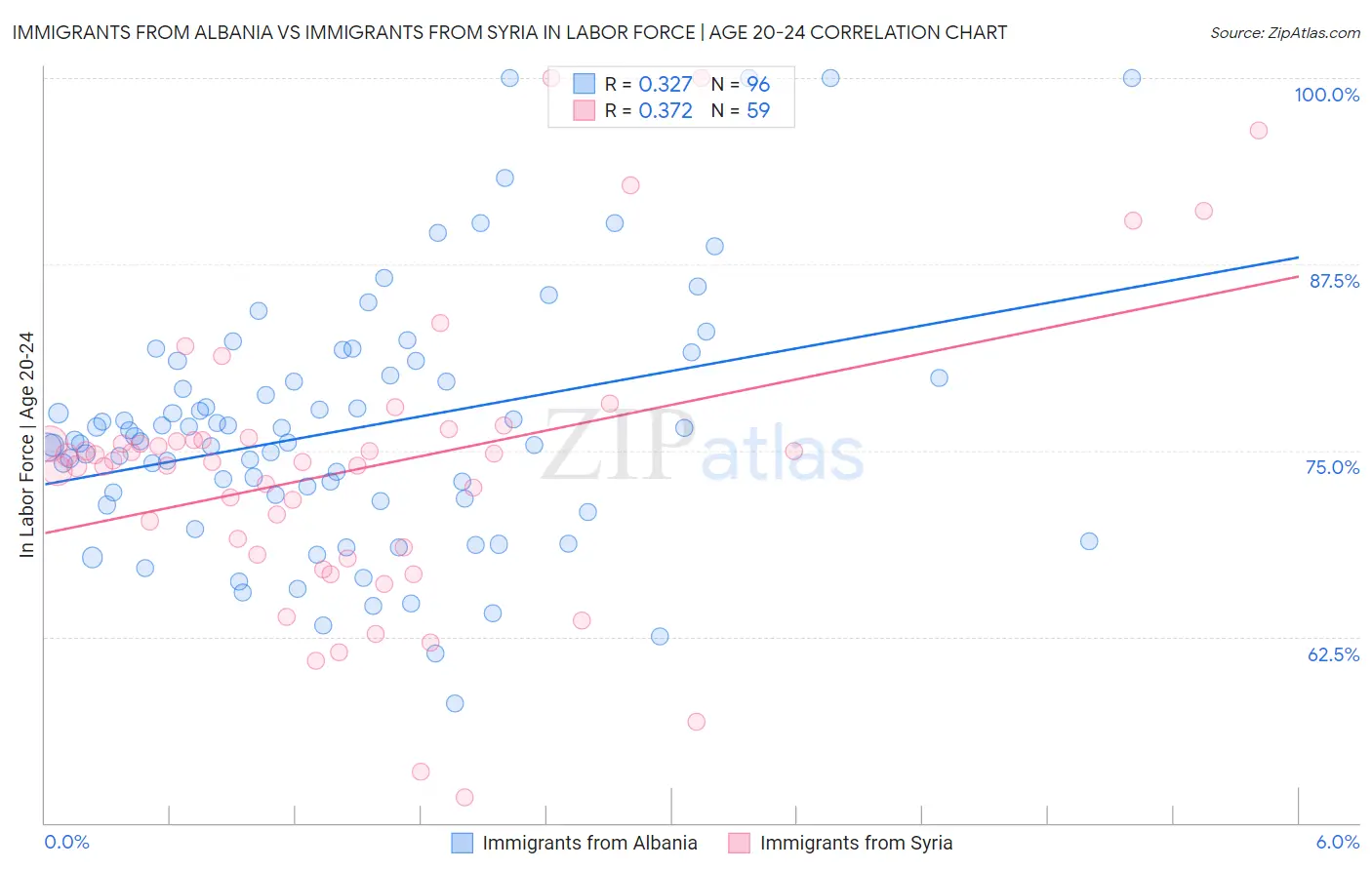 Immigrants from Albania vs Immigrants from Syria In Labor Force | Age 20-24