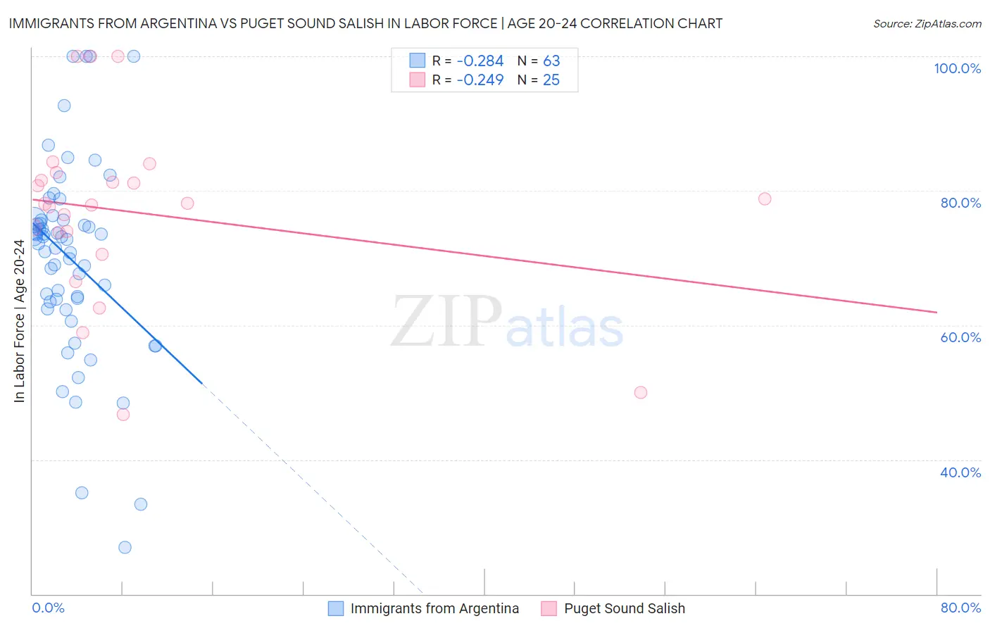 Immigrants from Argentina vs Puget Sound Salish In Labor Force | Age 20-24