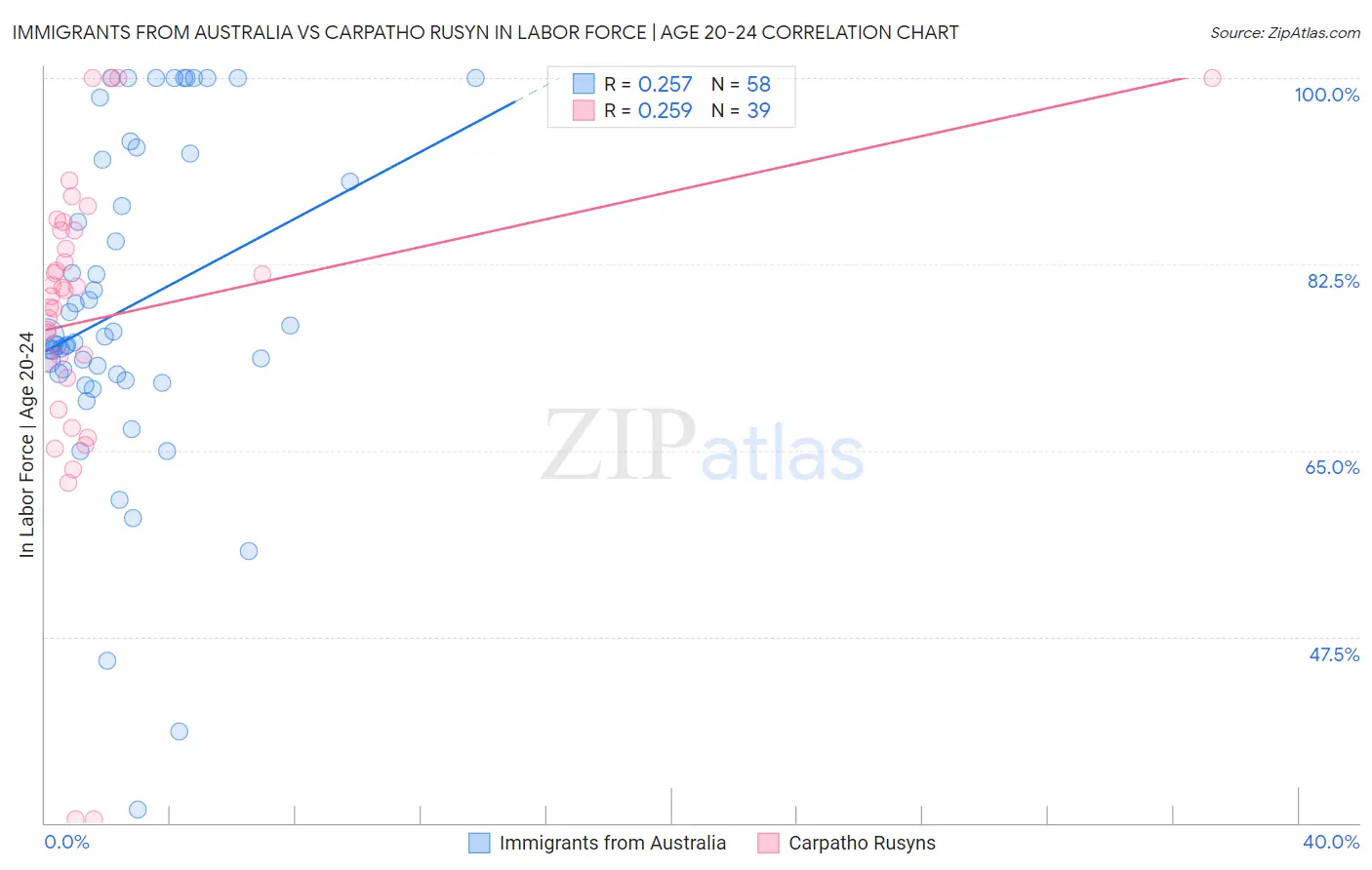 Immigrants from Australia vs Carpatho Rusyn In Labor Force | Age 20-24