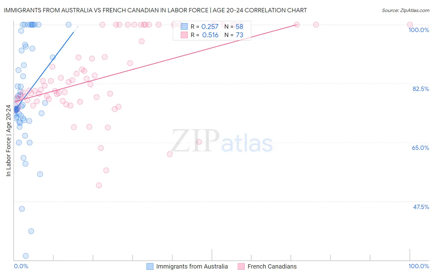 Immigrants from Australia vs French Canadian In Labor Force | Age 20-24