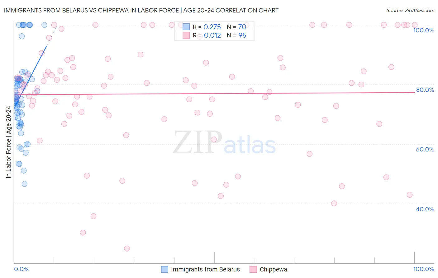 Immigrants from Belarus vs Chippewa In Labor Force | Age 20-24