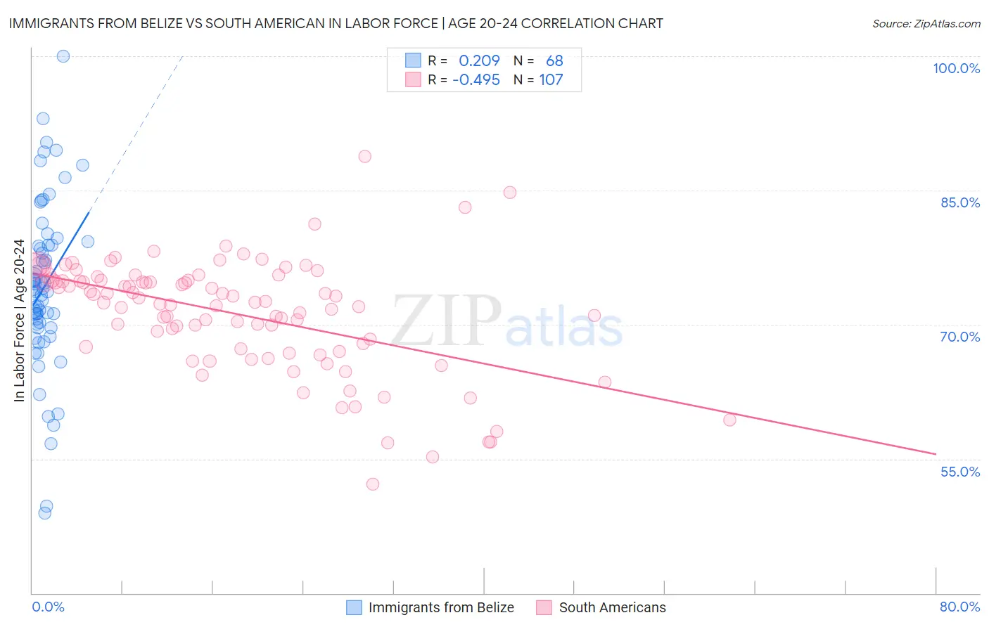 Immigrants from Belize vs South American In Labor Force | Age 20-24