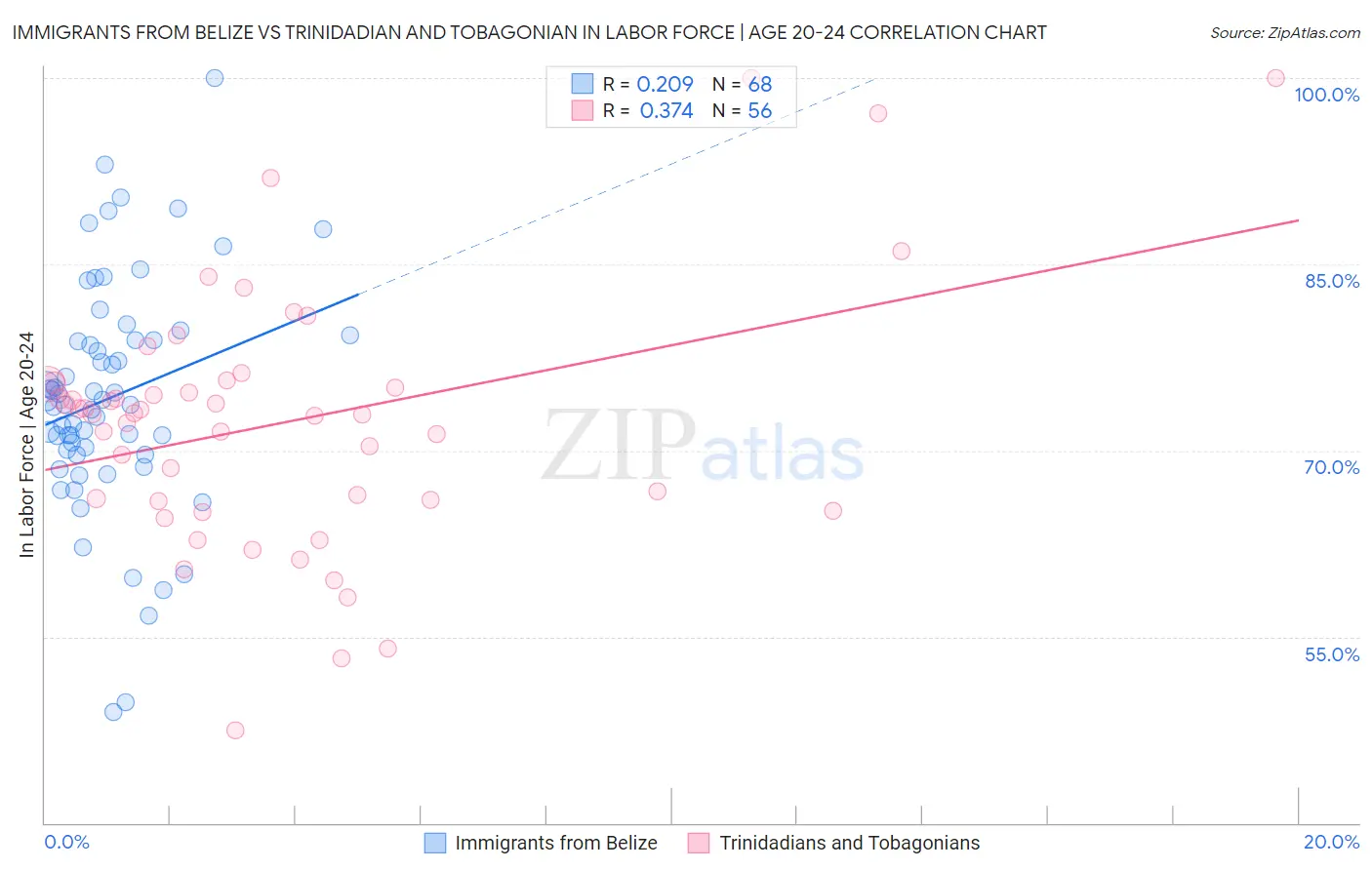 Immigrants from Belize vs Trinidadian and Tobagonian In Labor Force | Age 20-24