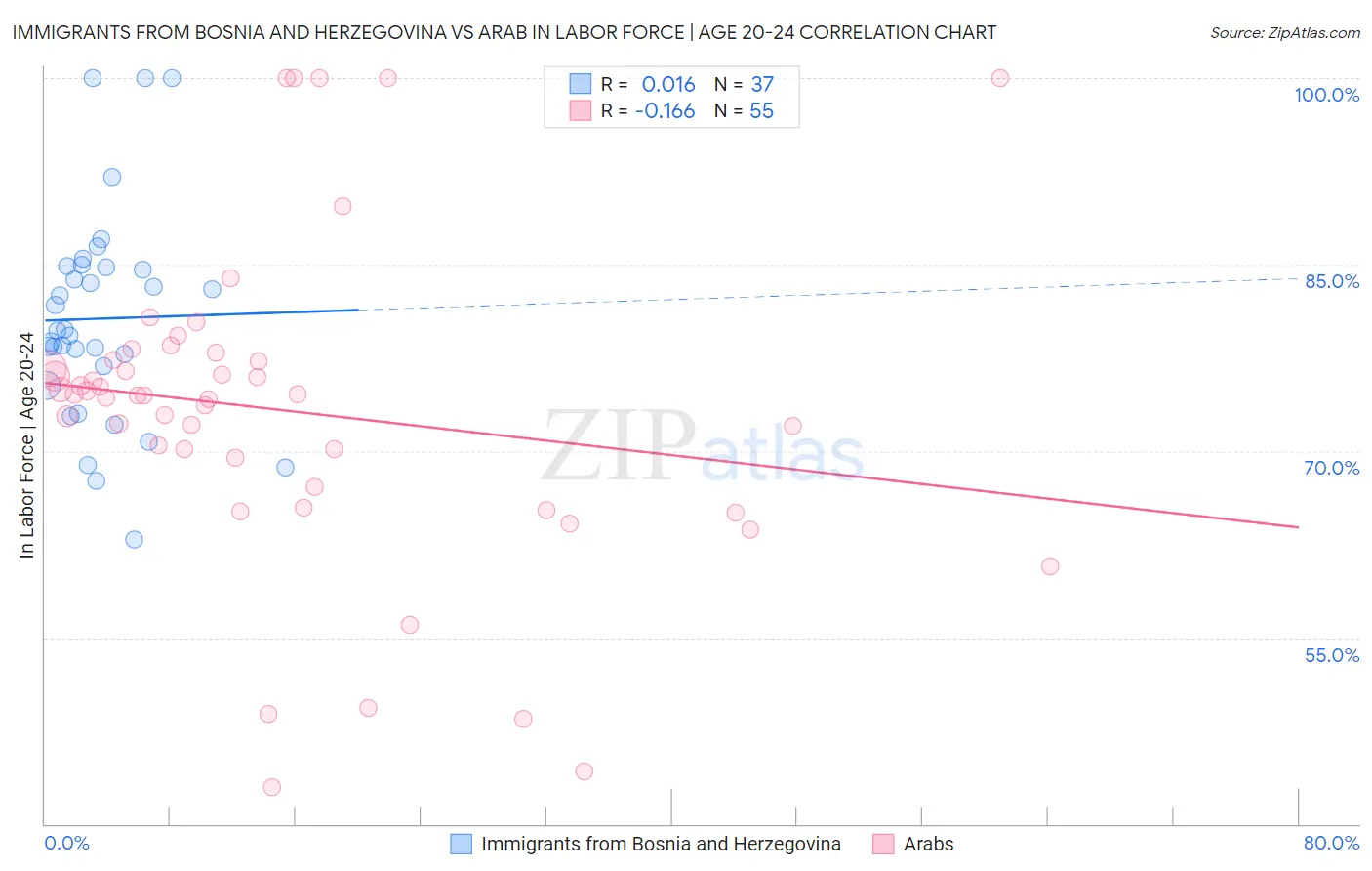 Immigrants from Bosnia and Herzegovina vs Arab In Labor Force | Age 20-24