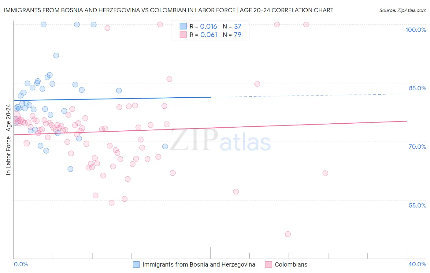 Immigrants from Bosnia and Herzegovina vs Colombian In Labor Force | Age 20-24