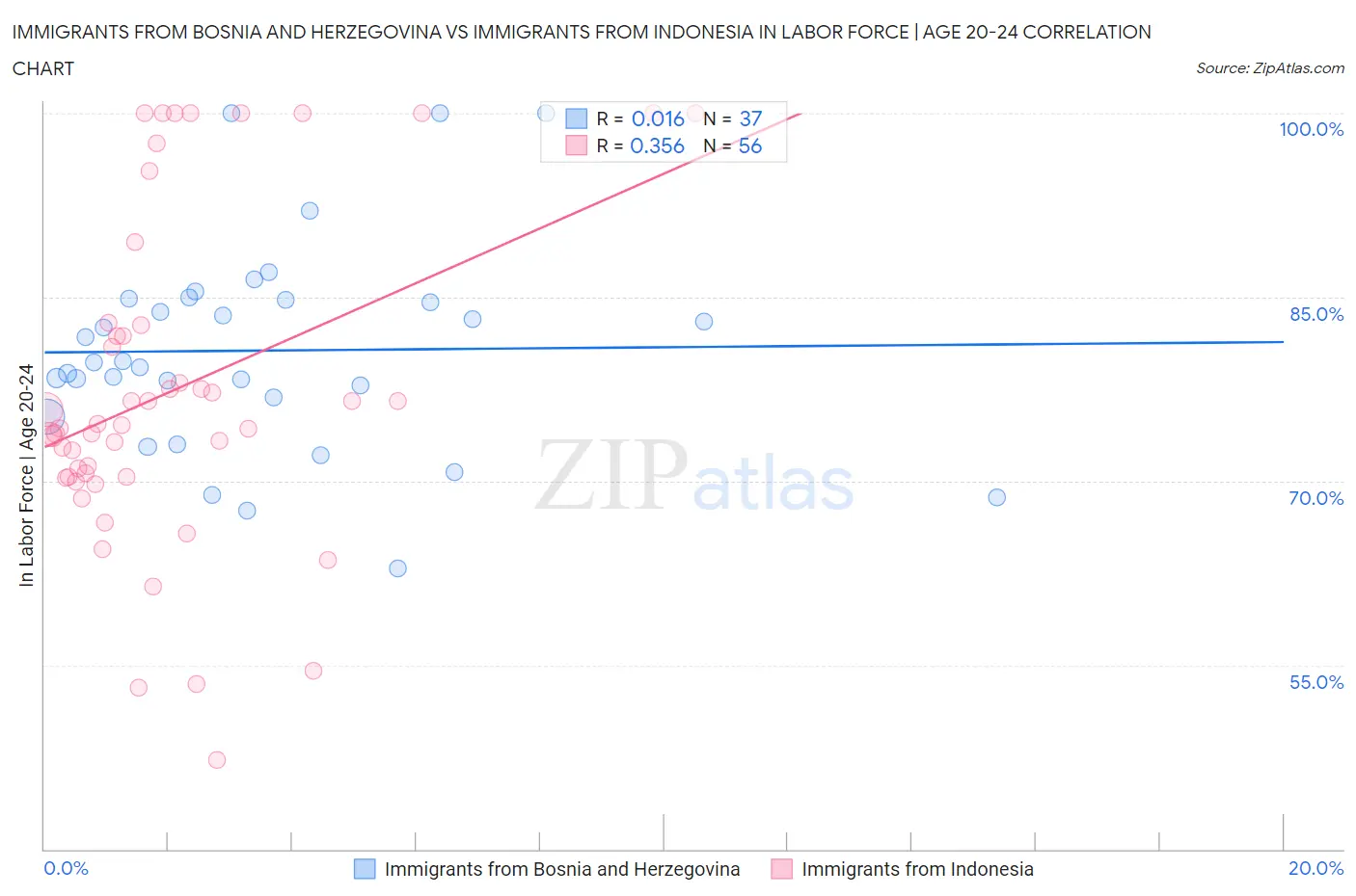 Immigrants from Bosnia and Herzegovina vs Immigrants from Indonesia In Labor Force | Age 20-24