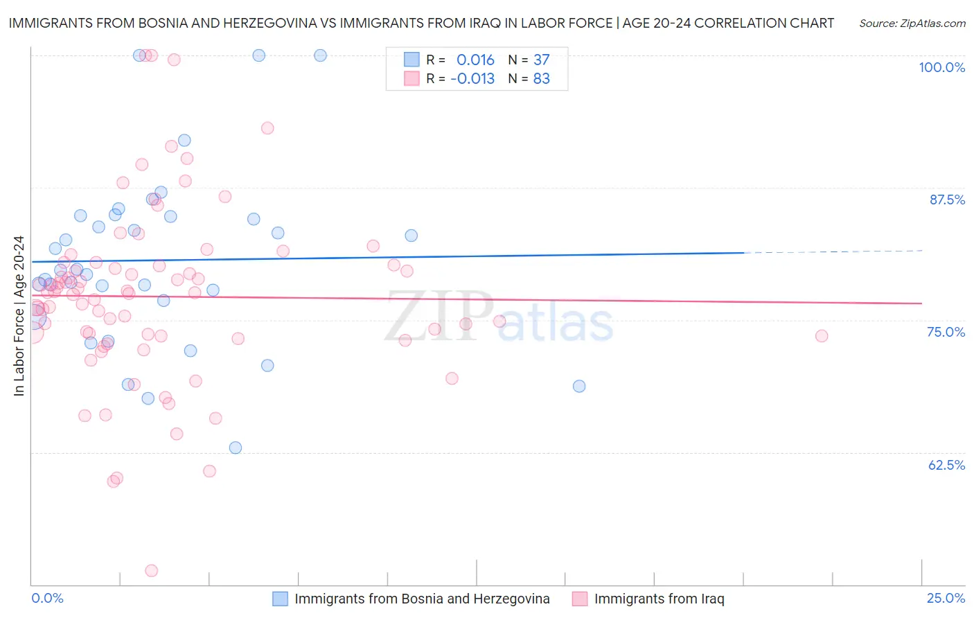 Immigrants from Bosnia and Herzegovina vs Immigrants from Iraq In Labor Force | Age 20-24