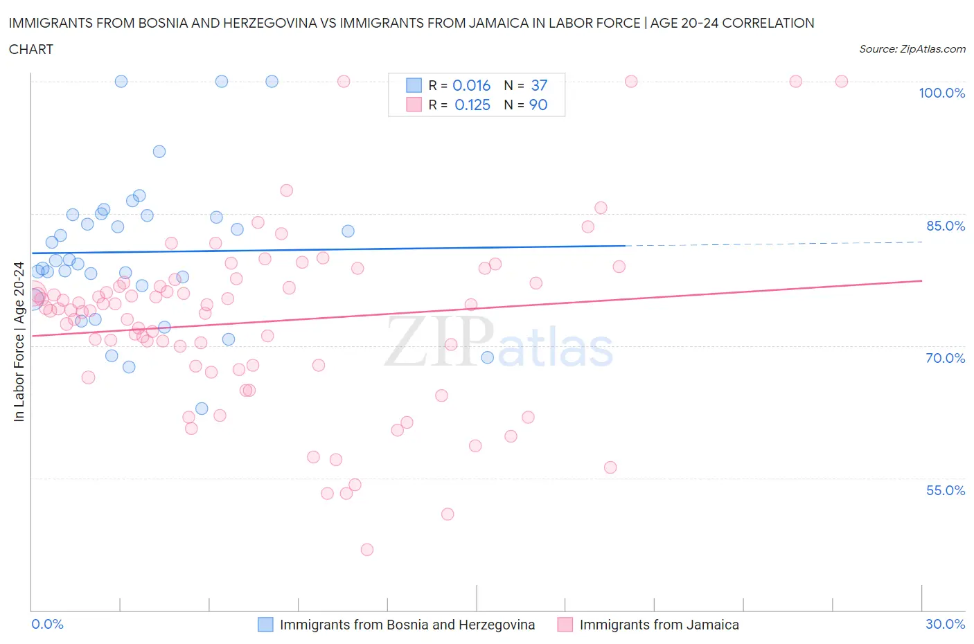 Immigrants from Bosnia and Herzegovina vs Immigrants from Jamaica In Labor Force | Age 20-24