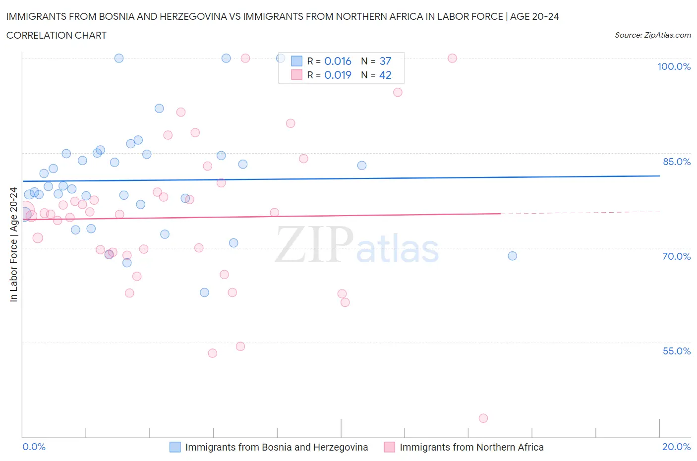 Immigrants from Bosnia and Herzegovina vs Immigrants from Northern Africa In Labor Force | Age 20-24