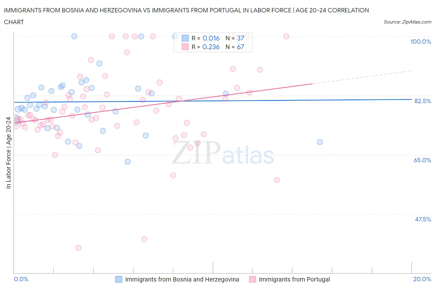 Immigrants from Bosnia and Herzegovina vs Immigrants from Portugal In Labor Force | Age 20-24